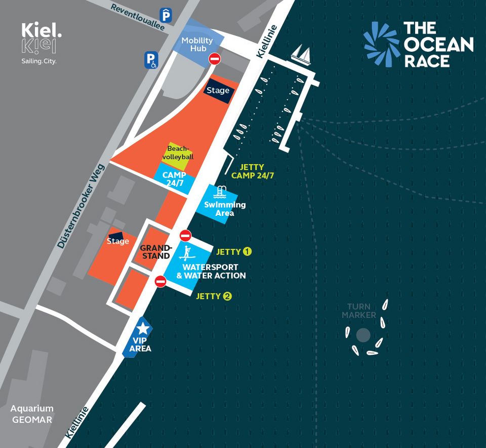 Karte der Kieler Innenförde vor dem Steg der Rudergesellschaft Germania Kiel mit den Aufbauten zum Ocean Race