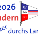 stilisierte Flagge des Ruderverband Schleswig-Holstein umgeben vom Schriftzug 2026 Rudern quer durchs Land